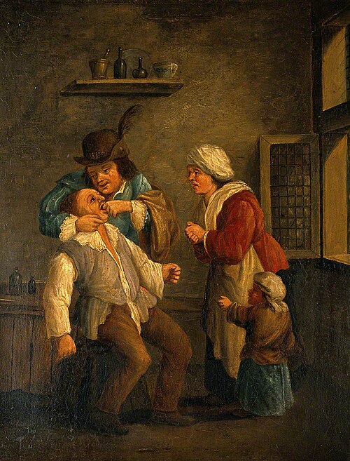 A Toothdrawer Operating on a Man, with a Woman and Child Looking On, 1900, Andries Both