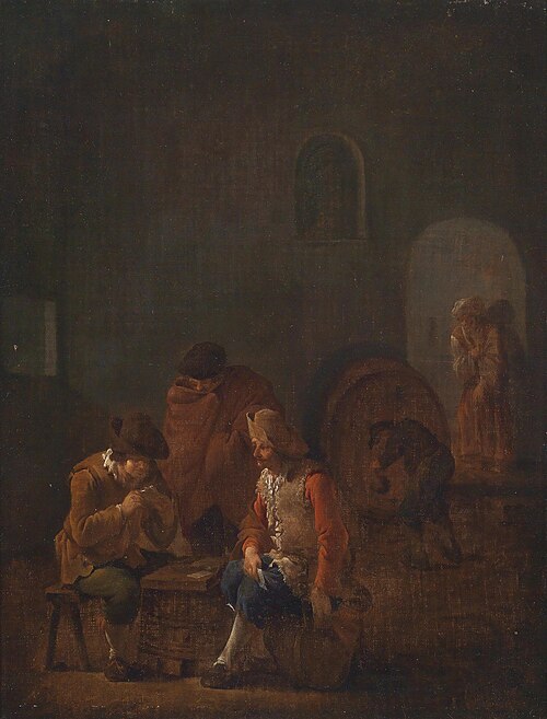 Kartenspielende und zechende Bauern in einem Kellergewölbe, 1641, Andries Both