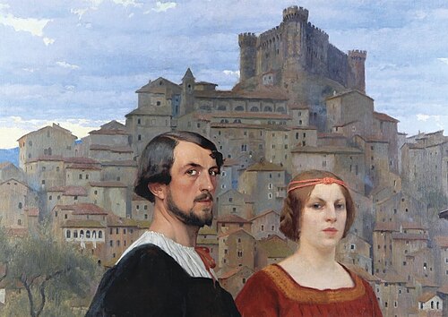 Autoportret z żoną na tle Anticoli Corrado., 1900, Edward Okuń