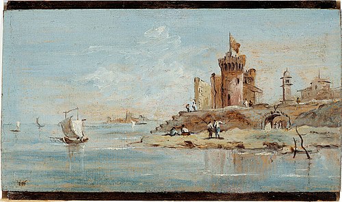 Caprice, avec forteresse en ruine au bord de la lagune, 1750, Niccolo Guardi