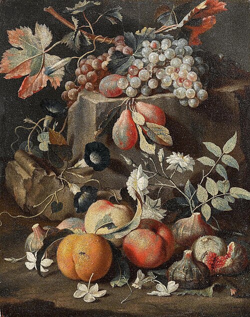 Fruit and flowers on a stone plinth, , Christian Berentz