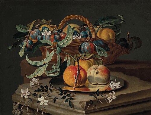 Peaches and plums in a basket and on a pewter plate, with flowers on a stone plinth, , Christian Berentz