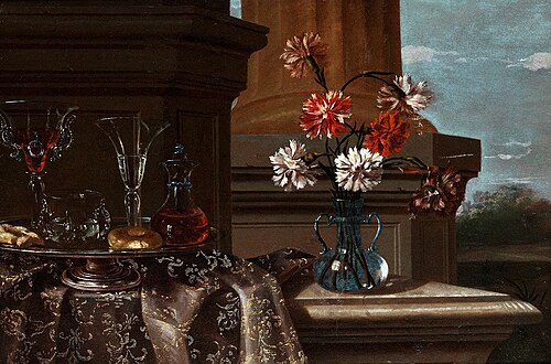 Stilleben mit Gläsern, Süßigkeiten und Vase mit Nelken, , Christian Berentz