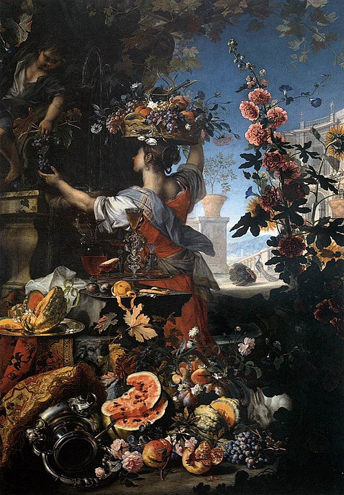 Flowers, Fruit with a Woman Picking Grapes, 1696, Christian Berentz