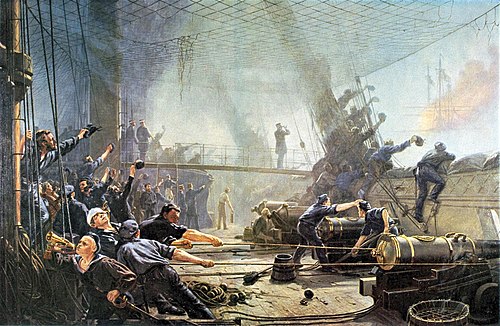 An Bord der Fregatte "Niels Juel" bei der Seeschlacht von Helgoland am 9. Mai 1864, 1897, Christian Mølsted