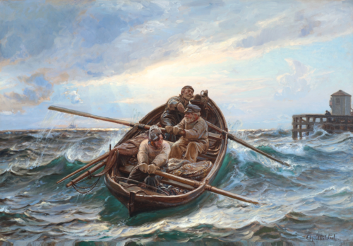 Fishing boats in rough seas near Dragør., 1923, Christian Mølsted