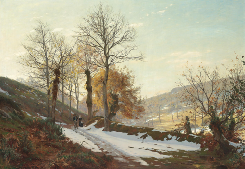 A farmer family on a snow covered track in a hilly landscape., 1888, Christian Zacho