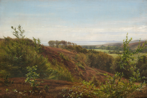 A landscape with hills and a view of an inlet., 1870, Christian Zacho