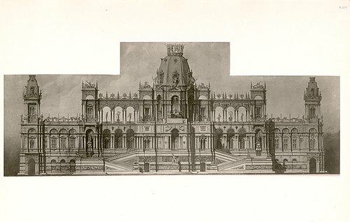 Entwurf für ein Vergnügungspalais in Wien, Ansicht, 1869, Hans Makart