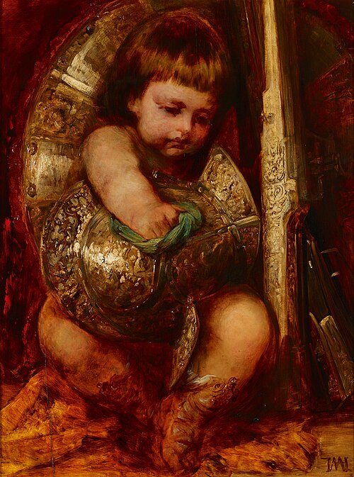 Putto, die Waffen des Mars reinigend, 1869, Hans Makart