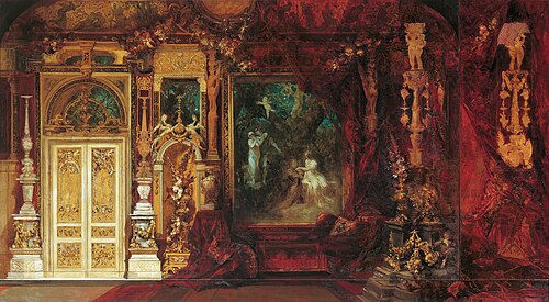 Dekorationsentwurf für das Schlafzimmer Kaiserin Elisabeths in der Hermesvilla (Mittelszene: Ein Som, 1882, Hans Makart