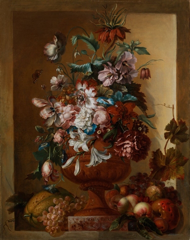 Flowers in a vase set in a stone niche, 1730, Jacoba Maria van Nickelen