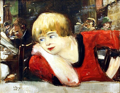 Au café, Femme en rouge, 1911, Lesser Ury