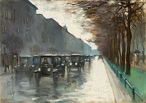 Unter den Linden mit Droschken im Regen, , Lesser Ury
