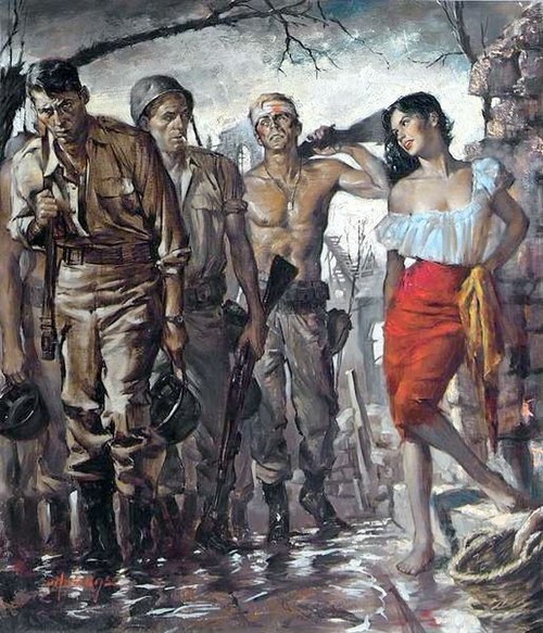 Battle-weary GIs And French Woman, 1956, Clark Hulings