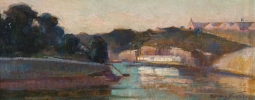 Bay or river with buildings, 1909, Clas Edvard Friström