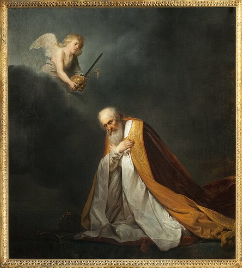 The repentent David chooses between the three proposed punishments: an avenging angel brings three d, 1637, Pieter De Grebber