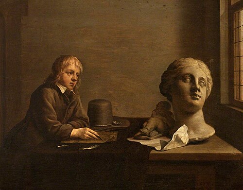 Young artist, Drawing from Casts, including a Putto by Duquesnoy, 1656, Wallerant Vaillant