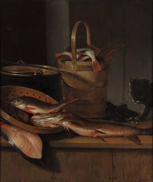 Still life with fish and a cat, 1650, Wallerant Vaillant
