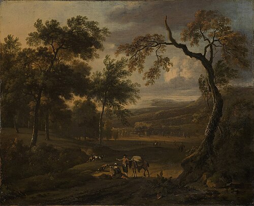Hilly landscape in evening light, 1665, Jan Wijnants