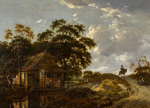 Landscape with a cottage by a river and a woman scouring a pot, a gentleman on horseback on a path, , Jan Wijnants