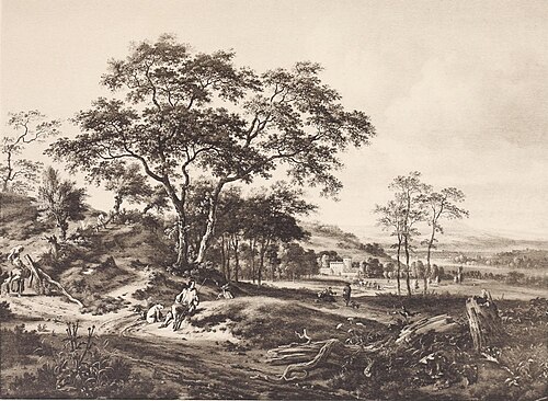 Paysage avec un chasseur se reposant sur une butte avec son couple de chiens, 1667, Jan Wijnants