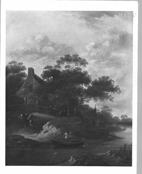 Shore of a river with houses and trees, 1655, Jan Wijnants