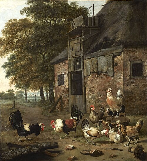 Poultry yard with two cocks fighting, , Jan Wijnants