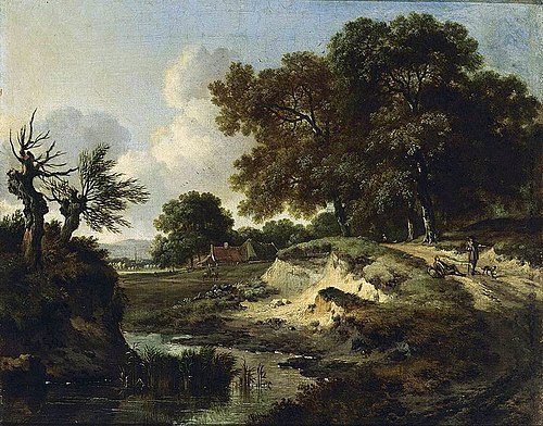 Landscape with two men in conversation on a track, 1670, Jan Wijnants
