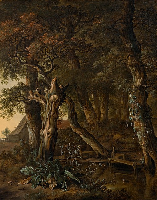 A wooded landscape with a fallen tree trunk, thistle and a farm beyond, 1673, Jan Wijnants