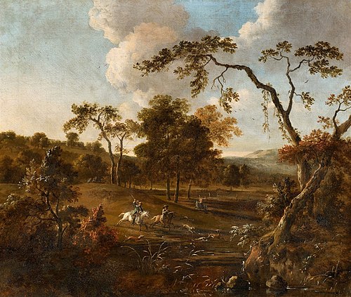 Landscape with Rolling Hills and a Stag Hunt, 1670, Jan Wijnants