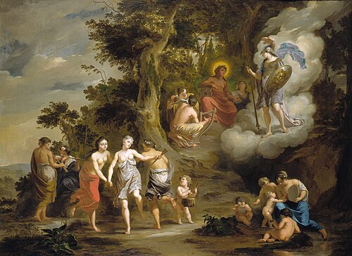 Pallas Athene Visiting Apollo on the Parnassus, 1703, Arnold Houbraken