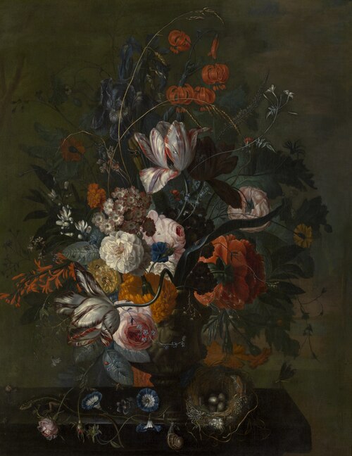 Still Life of flowers in a terracotta vase on a stone plinth, 1750, Jacob van Huysum
