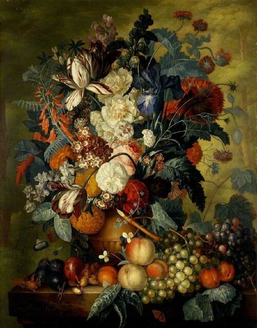 A vase of flowers with fruit, 1721, Jacob van Huysum