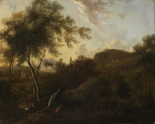 Southern landscape with a hunters hunting deer, 1674, Frederik de Moucheron