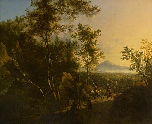 A Wooded Scene with a Sportsman, His Dog and a Hawking Party, , Frederik de Moucheron