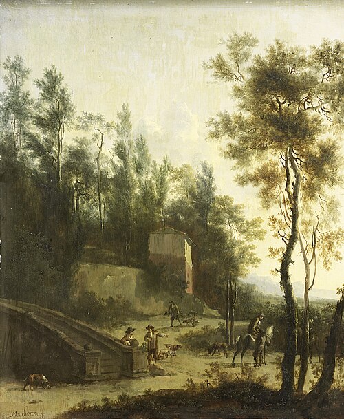 Paysage italien avec des chasseurs, 1673, Frederik de Moucheron