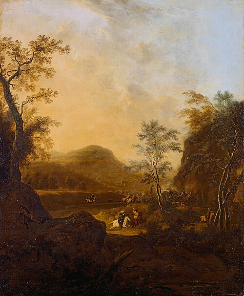 Landschaft mit kämpfenden Reitern, , Frederik de Moucheron