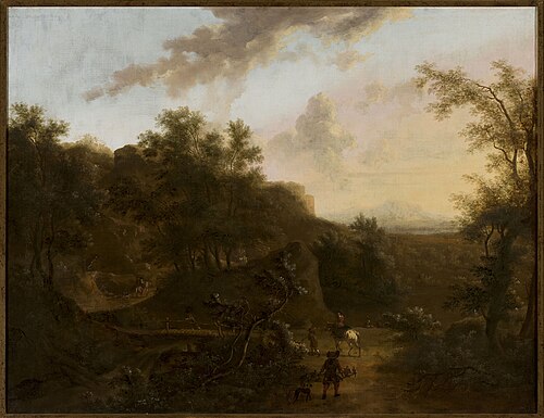 Paysage italien avec un fauconnier., 1650, Frederik de Moucheron