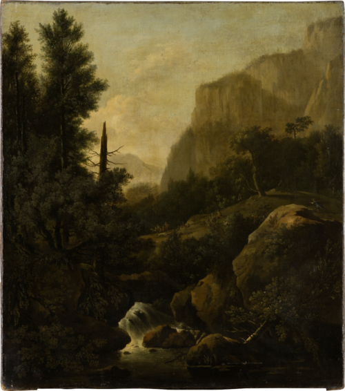 Mountain Landscape with Deer Hunt at a Waterfall, 1668, Frederik de Moucheron
