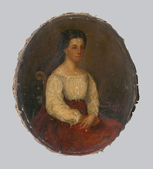 Portrét ženy v bielom živôtiku a červenej sukni, 1864, Anna Zmeškalová