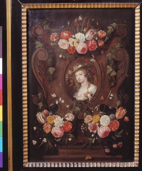 Bloemen rondom een meisjesportret, 1662, Jan van Kessel