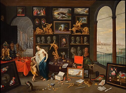 A woman in front of a mirror in a cabinet of art: allegory of Sight, 1655, Jan van Kessel