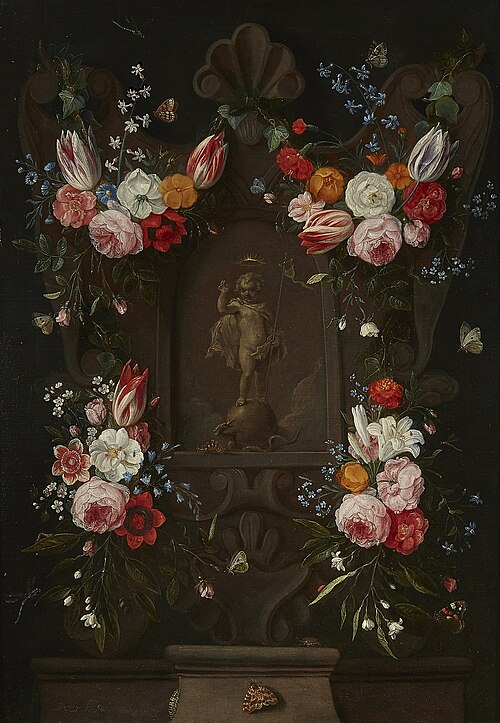 A sculpted cartouche with floral still life, with the christ child as salvator mundi, 1650, Jan van Kessel