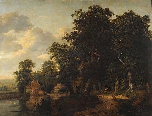 Wooded landscape with river and characters, 1700, Jan van Kessel