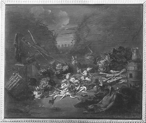 Gemüsestillleben und Küchengerät in offener Landschaft, , Jan van Kessel