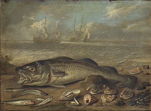 Strand met vissen en schelpen; in de achtergrond twee zeilschepen, 1656, Jan van Kessel