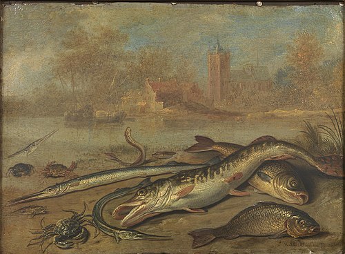 Riviervissen op de oever, aan de oeverkant van het water een dorp, 1656, Jan van Kessel