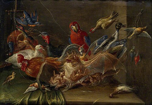 Decorative Still-Life Composition with Birds and two Bats, 1664, Jan van Kessel