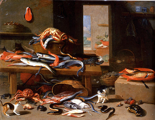 A lobster, a sturgeon, an eel and other fish on a table with a wicker basket, cats and a tortoise in, 1700, Jan van Kessel